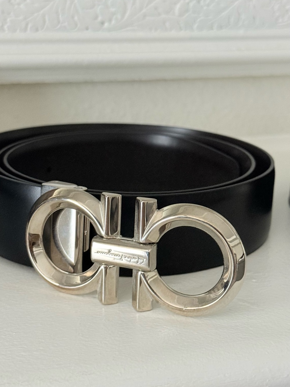Salvatore Ferragamo Black Leather Belt with Silver Gancini Buckle